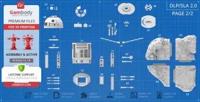 Blueprint with labeled 3D printing parts for assembling a detailed R2-D2 model on a blue grid background.