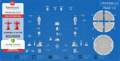 Blueprint layout of R2-D2 3D printing parts with labeled sections and assembly instructions.