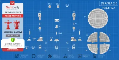 Blueprint-style layout showing R2-D2 3D printing assembly parts.