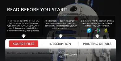 R2-D2 3D printing STL file info with source files, description, and printing details tabs.