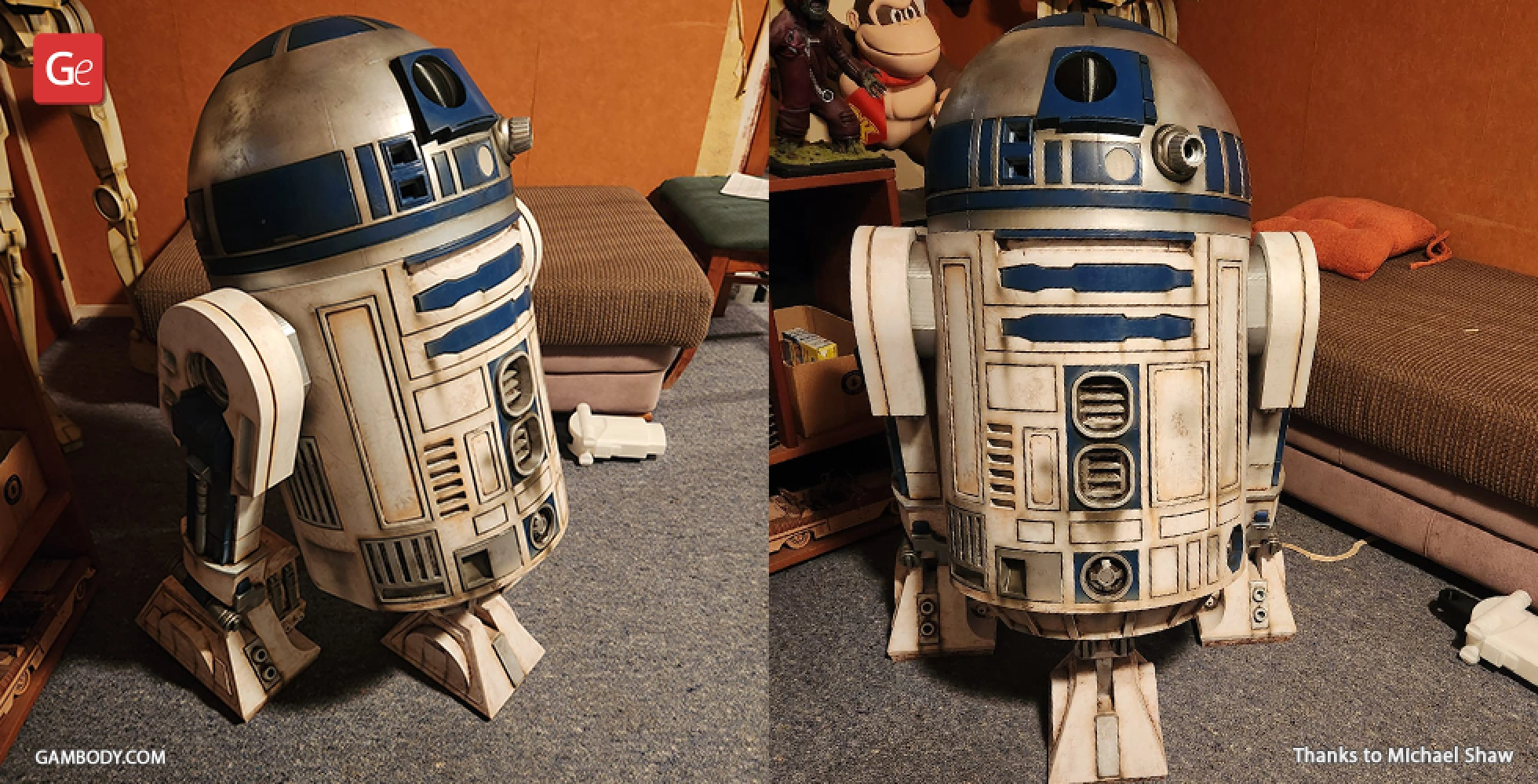 A detailed 3D-printed replica of R2-D2 from Star Wars, displayed indoors.