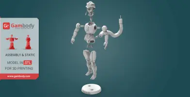3D printing model of a humanoid figure with articulated joints and a floating pose on a display base.