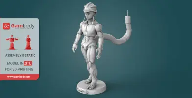 A 3D printed model of Meruem from Gambody, featuring detailed armor and a tail, on a display base.