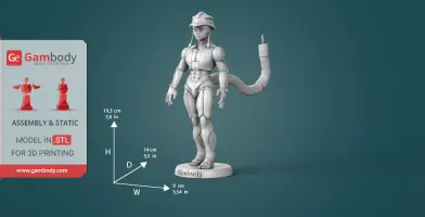 A detailed 3D model of a humanoid character with a tail and helmet, designed for 3D printing.