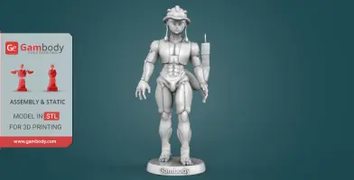 A muscular humanoid figure with a helmet and tail, standing on a base, for 3D printing.