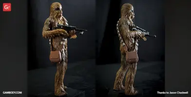 A detailed 3D-printed model of a tall, furry character holding a blaster, with a satchel over the shoulder.