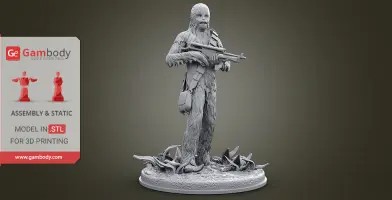 A 3D model of a tall, furry character holding a rifle, standing on a detailed base for printing.