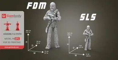 3D models of a tall, furry character with a weapon, shown in two sizes for 3D printing.