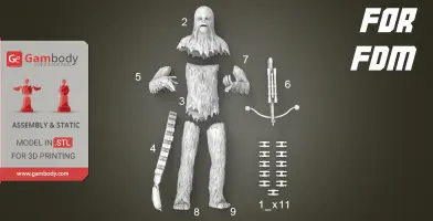 3D printable Chewbacca model parts laid out for assembly, including body, limbs, and weapon.