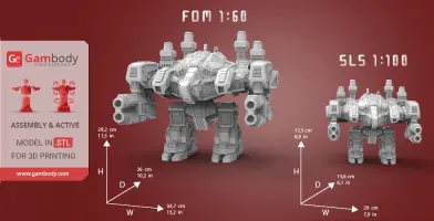3D models of a Terran Thor mech from StarCraft, shown in two scales with dimensions and Gambody branding.