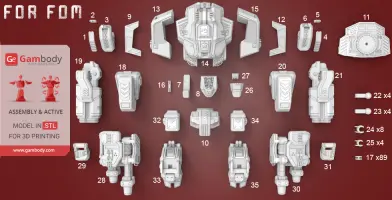 Exploded view of 3D printable parts for the Terran Thor model from StarCraft, labeled for assembly.