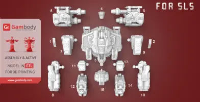 3D printed Terran Thor mech parts layout from StarCraft, labeled for assembly.