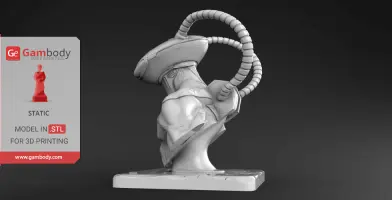 A detailed bust of a helmeted character with cables, designed for 3D printing, on a display stand.