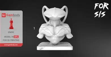 3D-printed bust of Black Manta with detailed armor and helmet on a display stand.