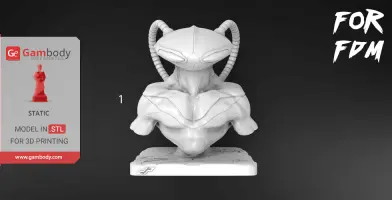 A detailed 3D bust of Black Manta with a smooth, sleek helmet and curved tubes on a display base.