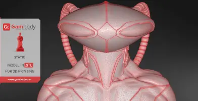 3D model of an armored character bust with helmet and cables, designed for 3D printing.