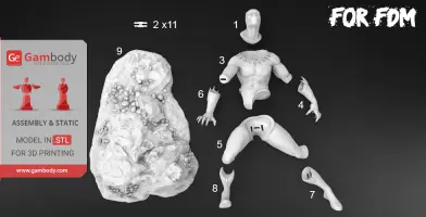 3D model parts of a Black Panther figure for printing, including limbs and a base, displayed labeled for assembly.