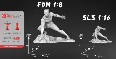 3D model of a crouching superhero in a dynamic pose for printing, showing two size options: FDM 1:8 and SLS 1:16.