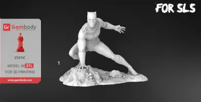 Stylized Black Panther statue crouching on a rocky base for 3D printing.