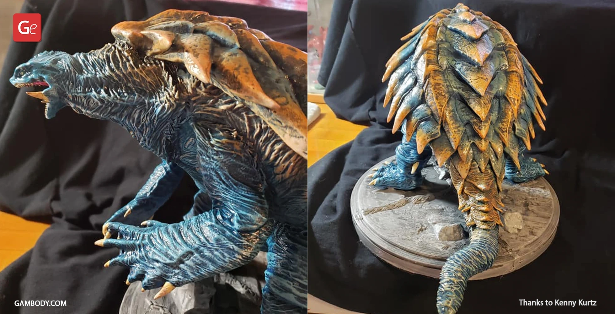 Blue and orange armored creature model on a base; features spiked shell and claws for 3D printing.