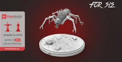 A gray creature with spiky back and multiple legs, posed on a textured round base for 3D printing.