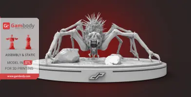 A detailed 3D model of a monstrous spider with spiky back on a round base for printing.