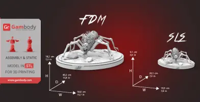 A spider-like creature model with multiple legs on a circular base, shown for 3D printing in two sizes.