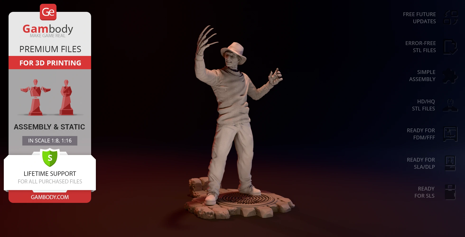 A 3D model of a menacing figure in a hat with clawed glove on a rocky base, designed for 3D printing.