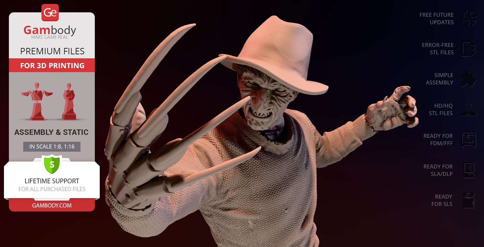 A menacing 3D model of a figure in a hat and striped sweater, with elongated clawed fingers extended.