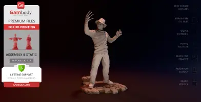 A 3D model of a menacing figure in a hat with clawed glove on a rocky base, designed for 3D printing.