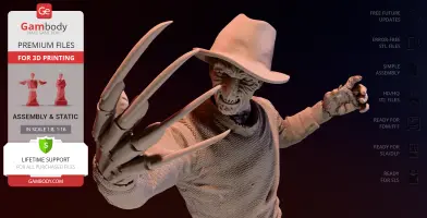 A menacing 3D model of a figure in a hat and striped sweater, with elongated clawed fingers extended.