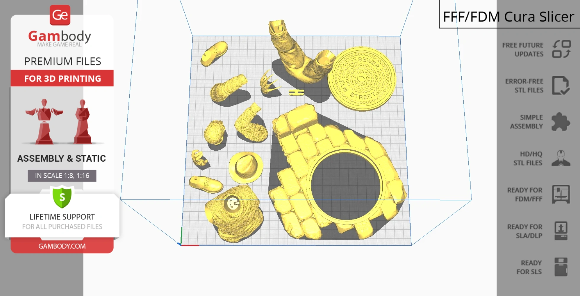 3D model parts of Freddy Krueger, including a hat, clawed glove, and a brick base, arranged for printing.