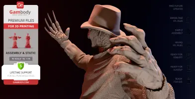 3D model of a horror character with a hat and clawed gloves, shown for 3D printing by Gambody.
