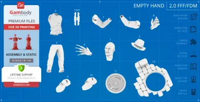 3D printable Freddy Krueger model parts: head, hat, torso, pants, arms, hands, shoes, glove, and manhole cover.