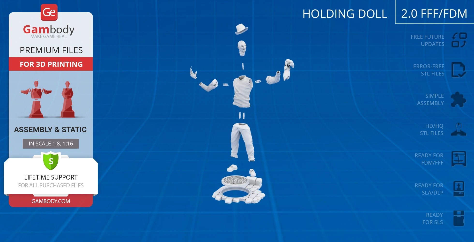 Disassembled 3D model parts of a horror character, including a head, hat, torso, limbs, and base.