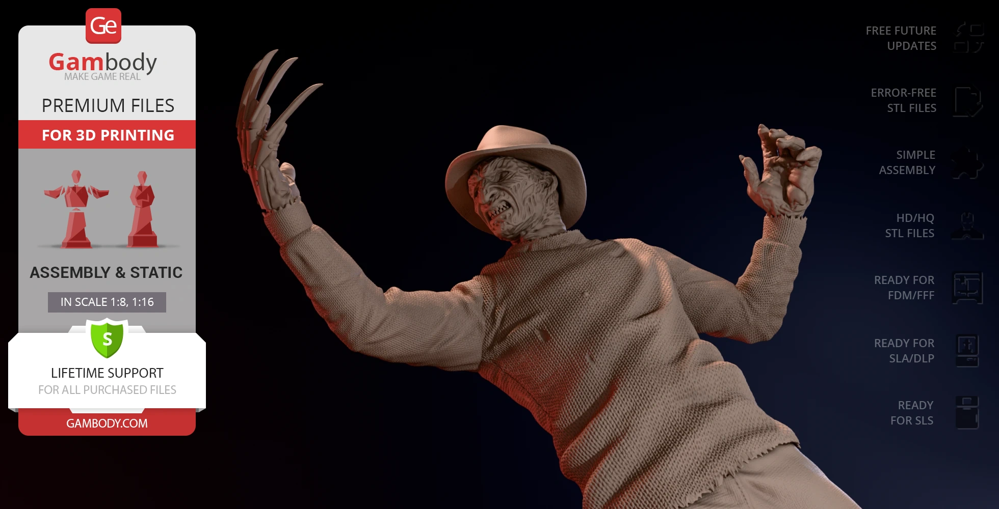 3D model of a menacing figure with a hat, glove with blades, and a textured sweater, ready for 3D printing.