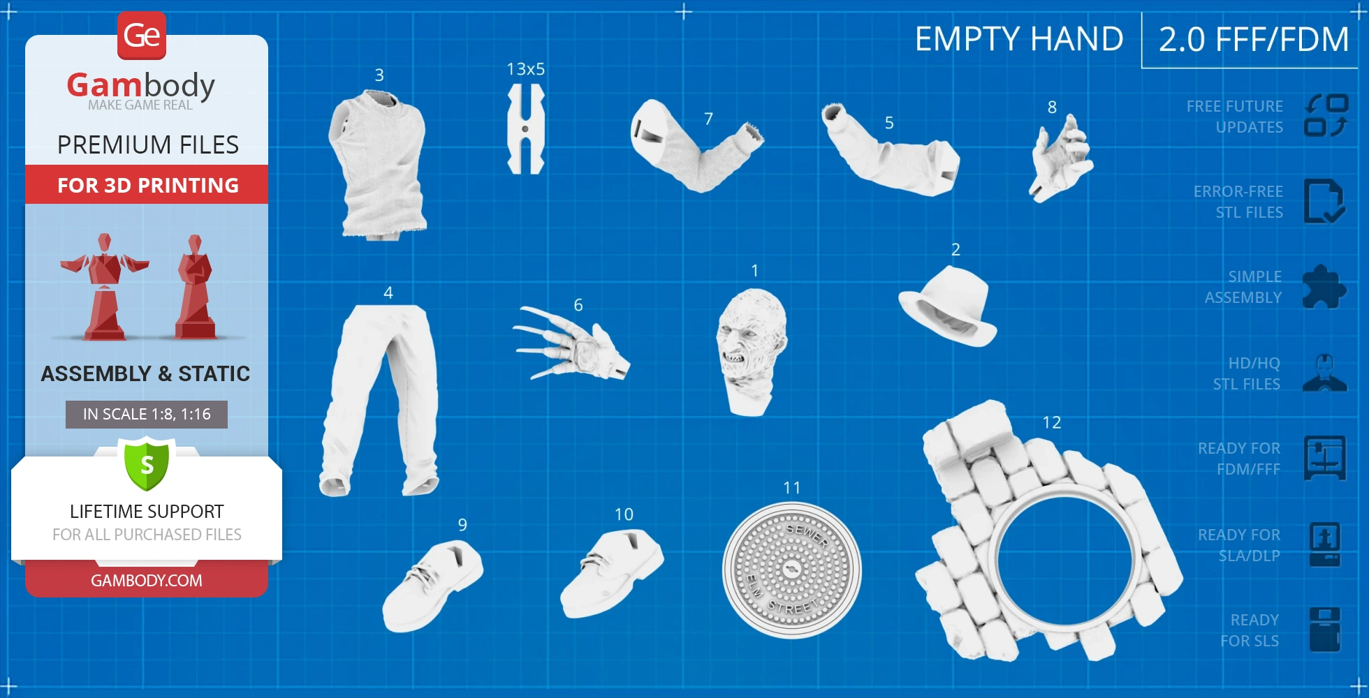 3D printable Freddy Krueger model parts: head, hat, torso, pants, arms, hands, shoes, glove, and manhole cover.