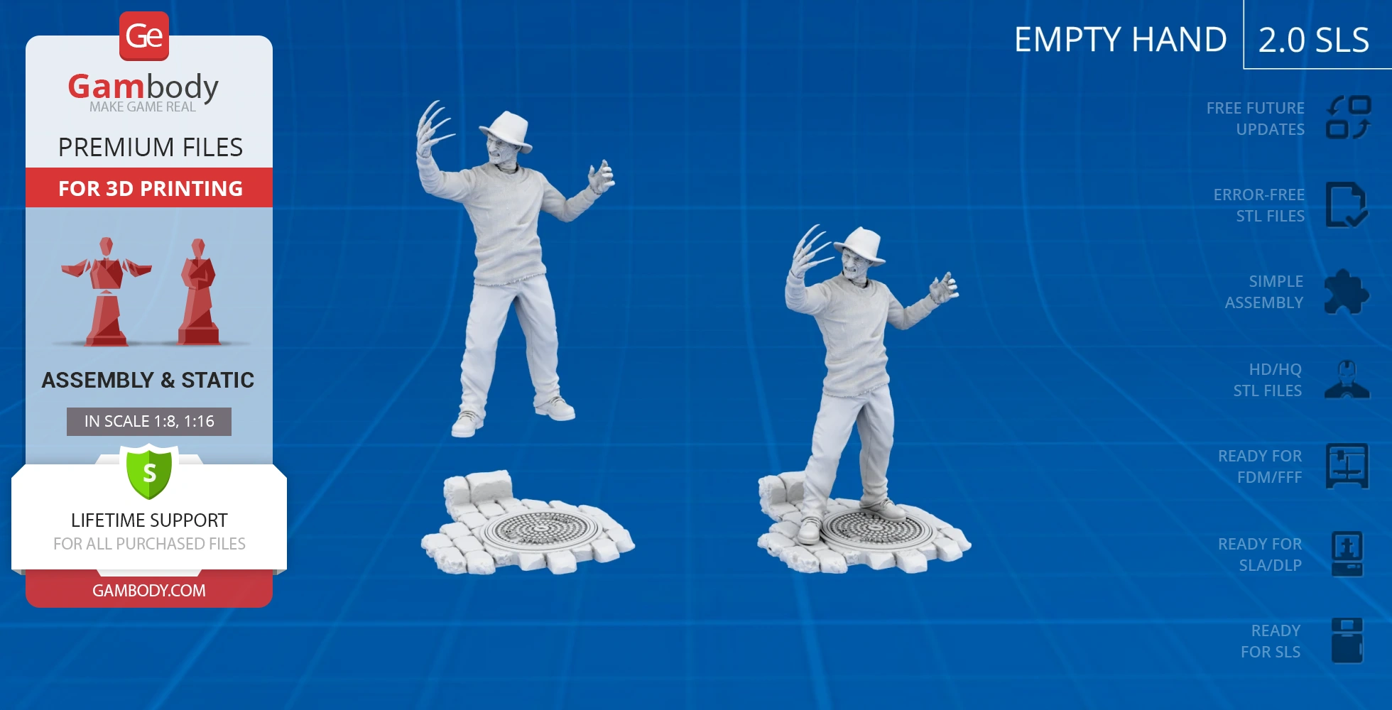 3D model of a horror character with a hat and glove, standing on a detailed base, ready for 3D printing.