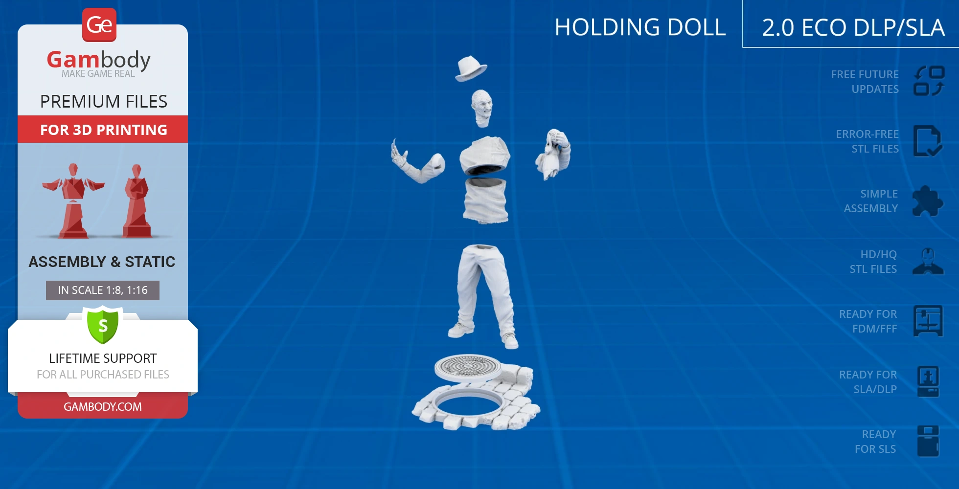 A disassembled 3D model of a horror character with a hat, sweater, and base, ready for 3D printing.