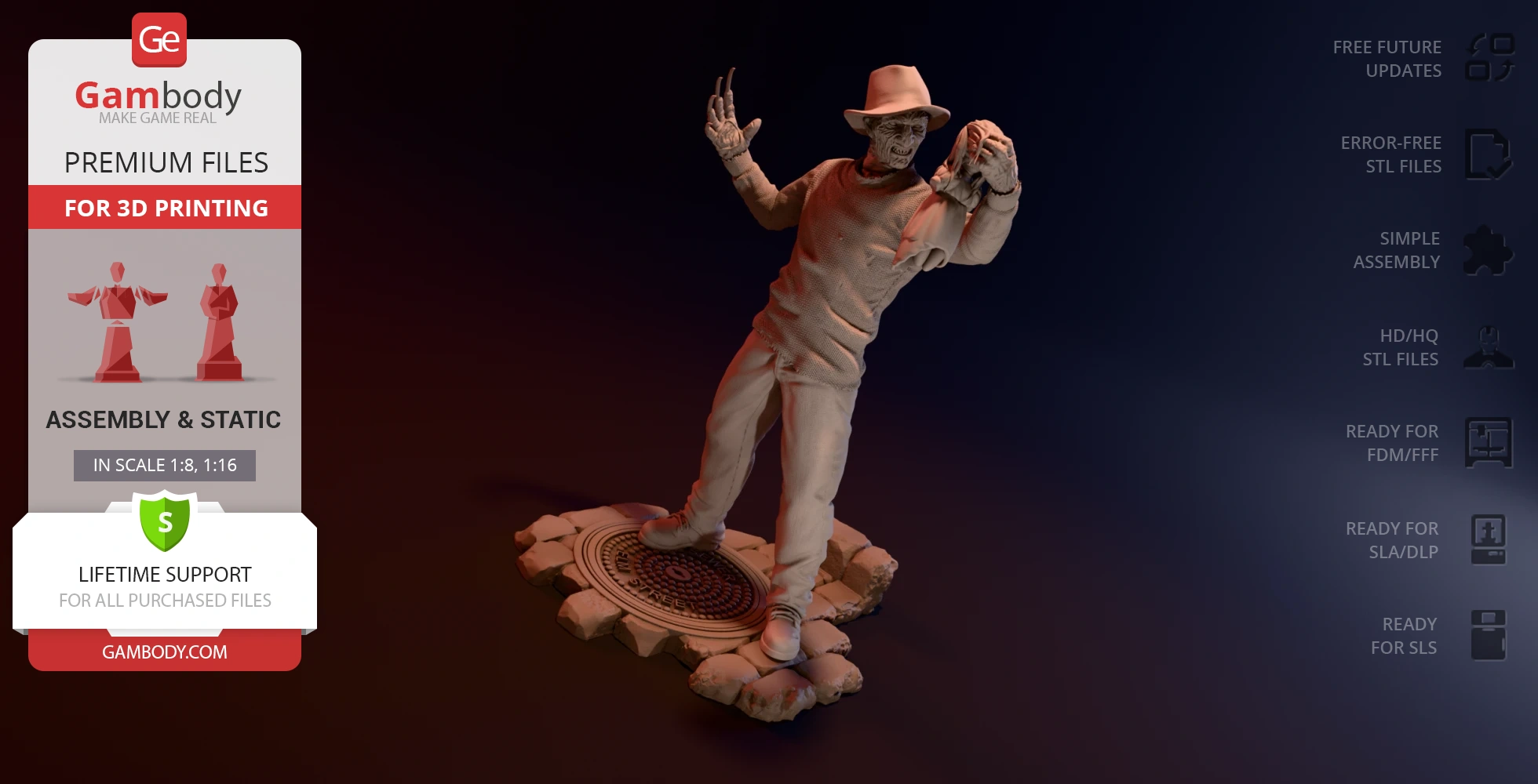 A detailed 3D model of a character with a claw glove and hat, standing on a rocky platform.