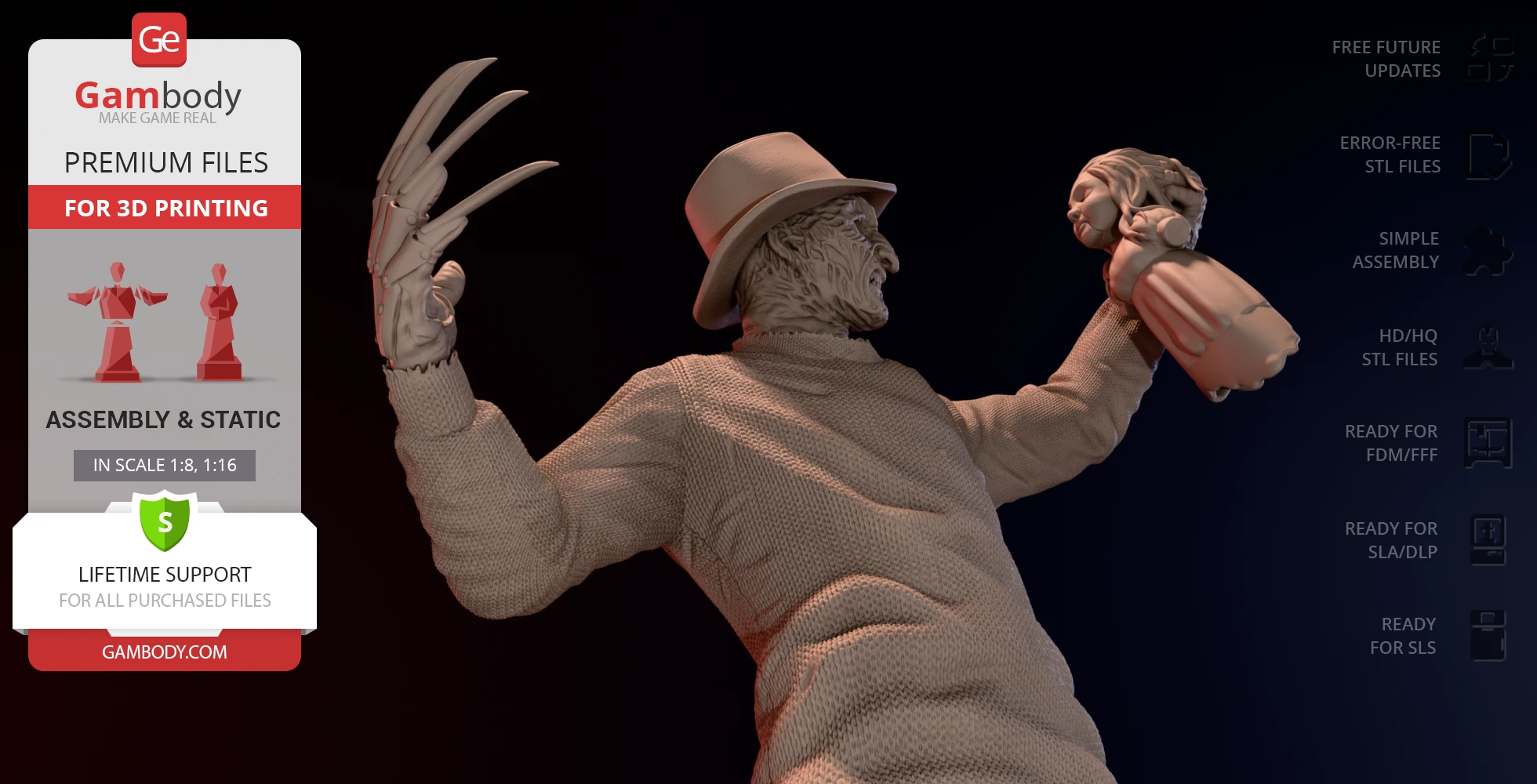 A 3D model of a menacing figure with a hat and clawed hand, holding a doll, ready for 3D printing.