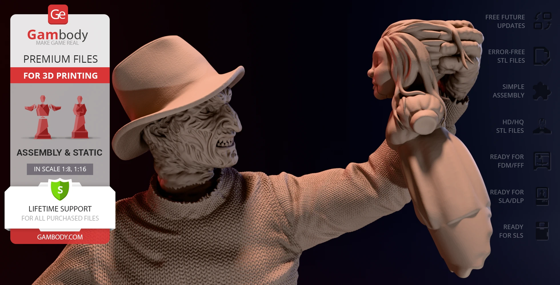 A detailed 3D model of a menacing figure in a hat holding a bust of a woman, designed for 3D printing.
