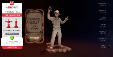 A detailed 3D model of a horror character with hat and clawed glove, posed menacingly on a base.