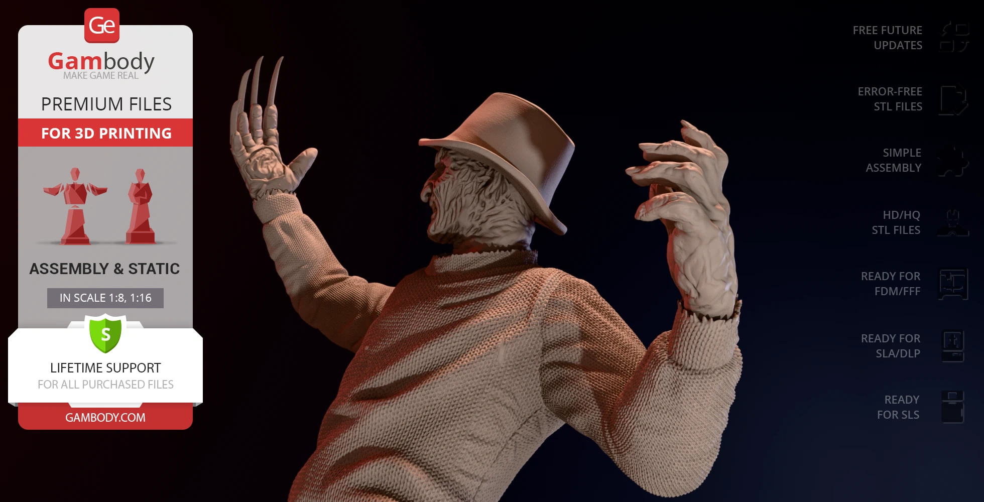 A detailed 3D model of a horror character with a hat and clawed glove, ready for 3D printing.
