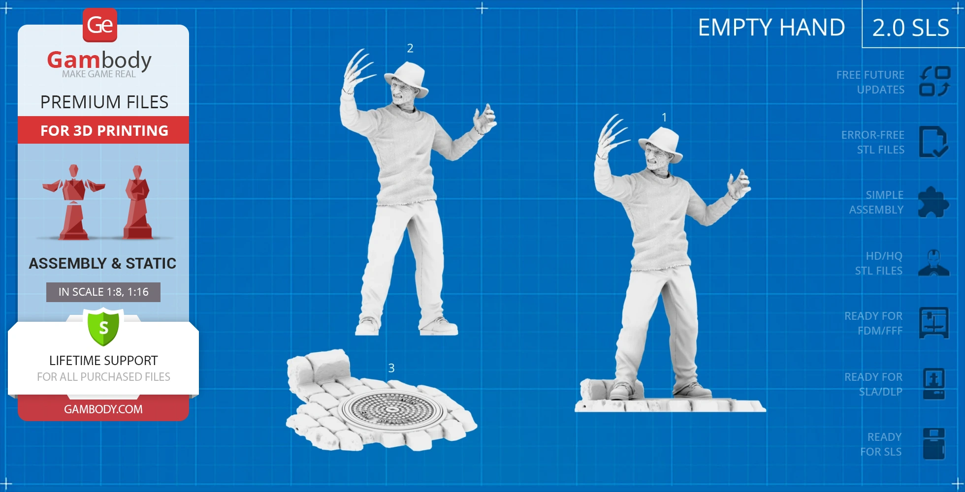 3D model of Freddy Krueger with a hat and clawed glove, standing on a manhole-style base.