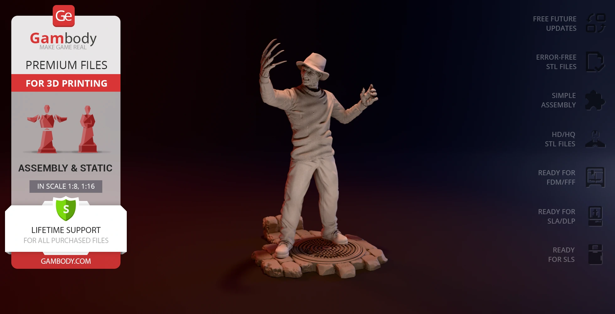 A 3D model of a terrifying figure with sharp claws, wearing a hat and sweater, standing on a detailed base.
