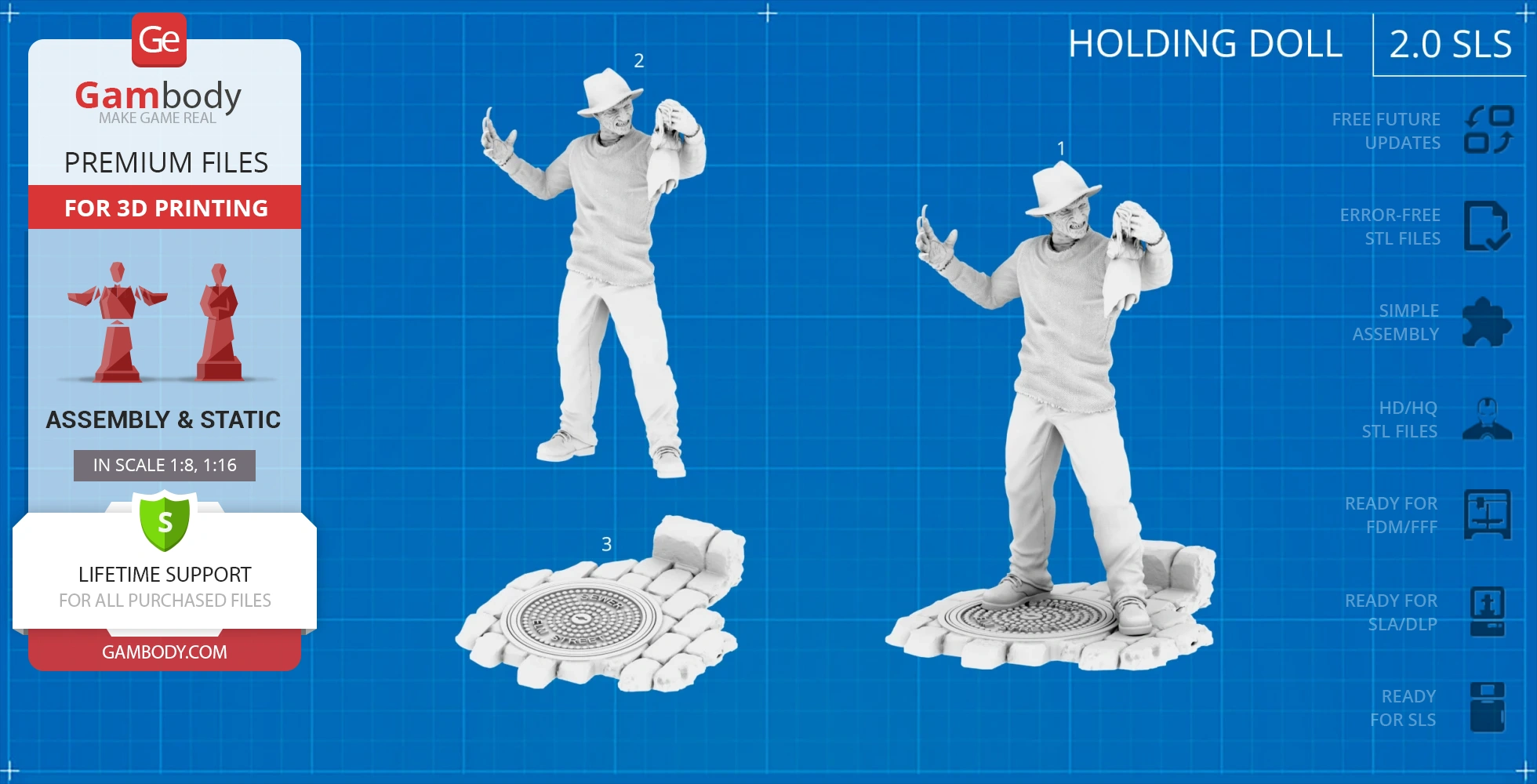 A 3D printable model of a figure in a hat holding a doll, standing on a textured circular base.