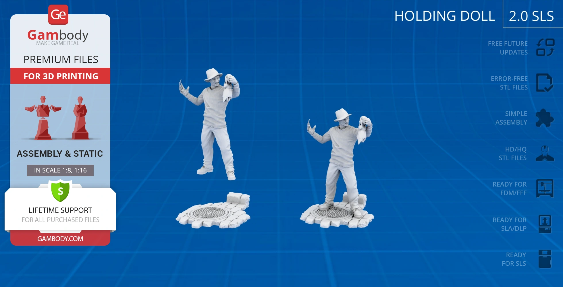 3D model of a figure in a hat holding a doll, designed for 3D printing with platform details.