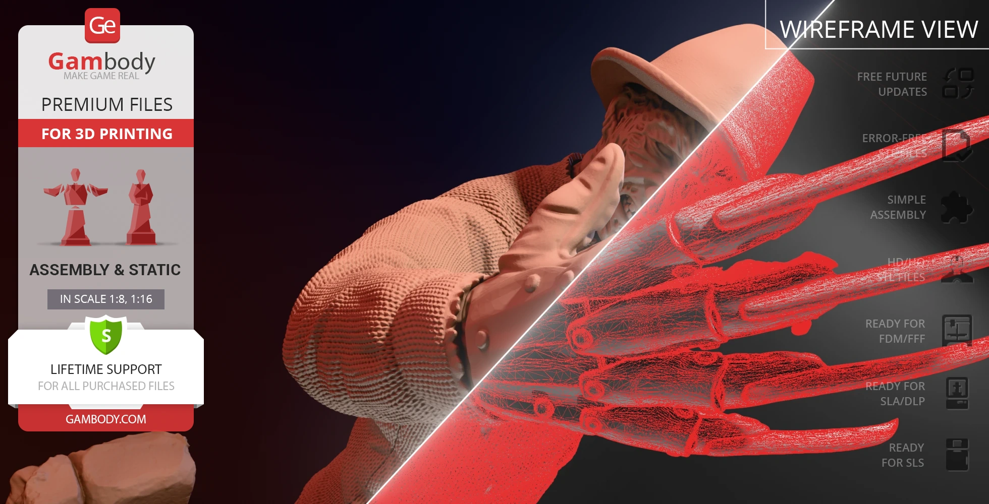 3D model of a character with a glove and long claws in a wireframe view, showcasing horror-themed design.