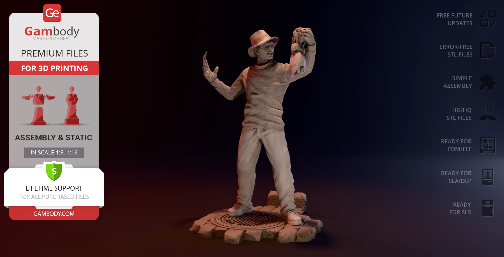A 3D model of a horror character in a hat with a clawed glove, posed on a circular base with cracked ground.
